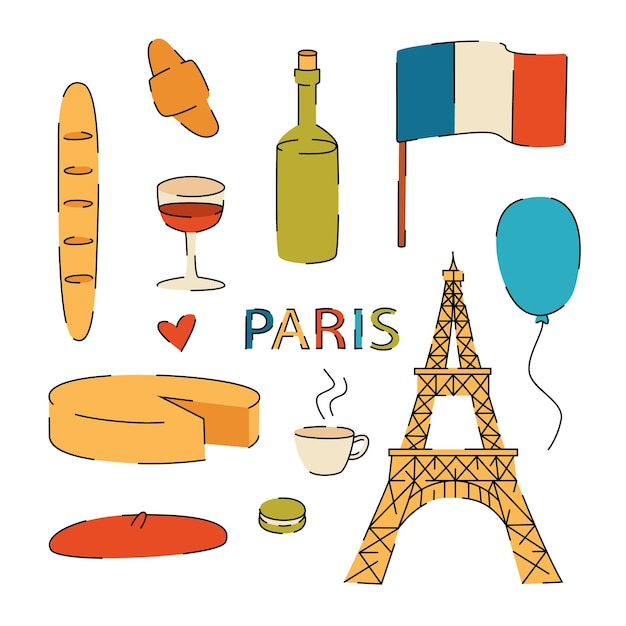 Color vector flat illustration of Paris Vector set of icons about France French symbols isolated on white background Handdrawn pictures about paris