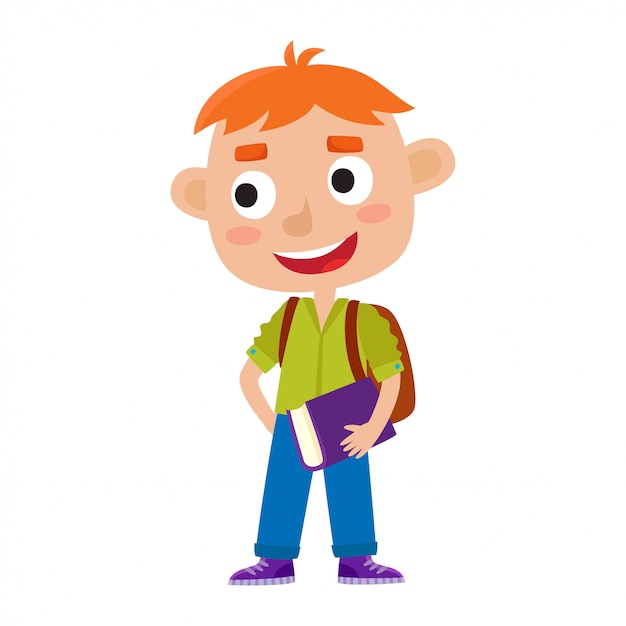 Color vector illustration of pretty red-haired boy stand with book