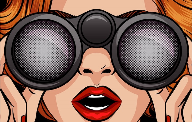 Color vector pop art style illustration of a girl looking through binoculars. Female surprised face close up. A woman is holding binoculars in her hands. 