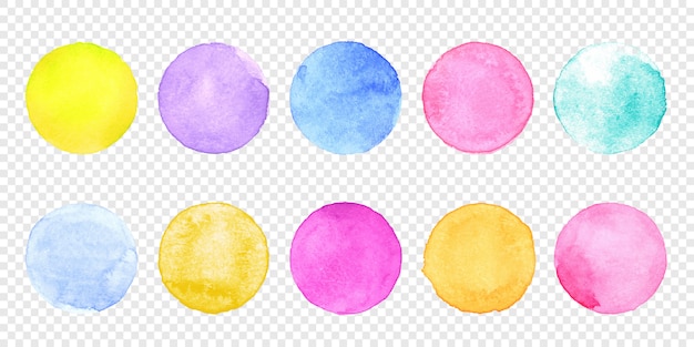 Color watercolor circle set. Vector smear watercolor splash stain on transparent