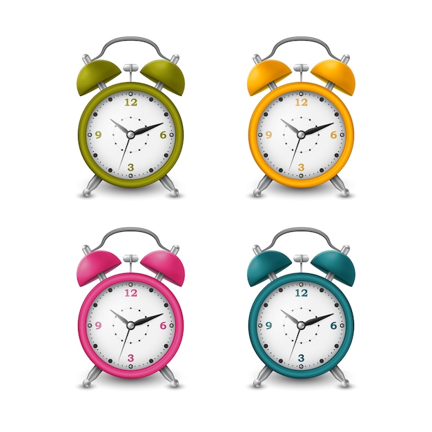 Colored alarm clocks collection in silver design. illustration.