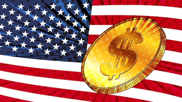 Colored american flag and golden coin with the sign of dollar Currency USD symbol of prosperity