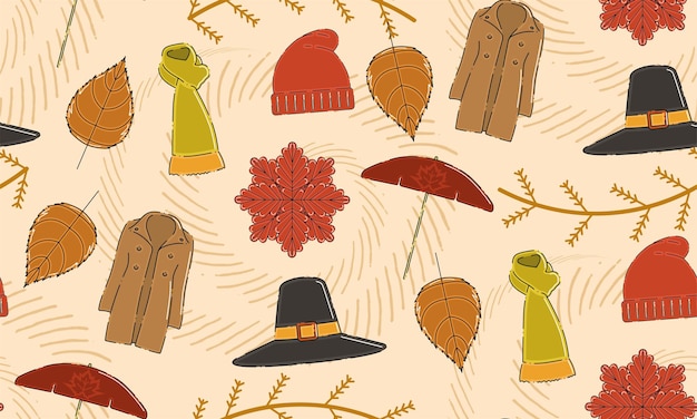 Colored autumn seamless pattern background with seasonal clothes Vector