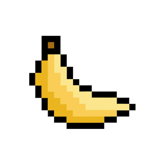 Colored banana. 8 bits, pixel vector banana on white background. Pixelated fruit