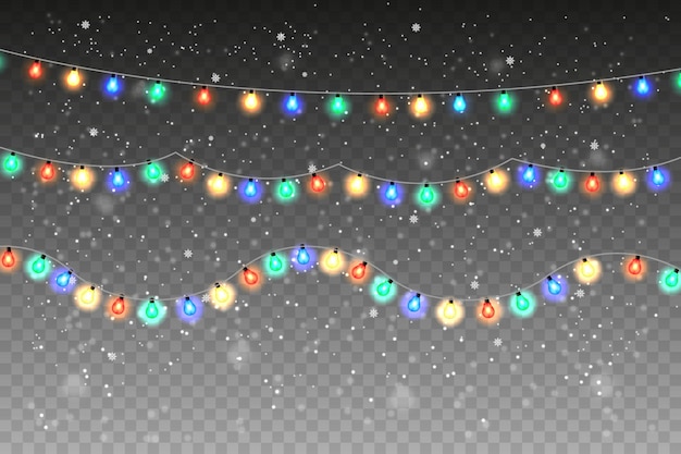 Colored bright garland with falling snow isolated on transparent background.