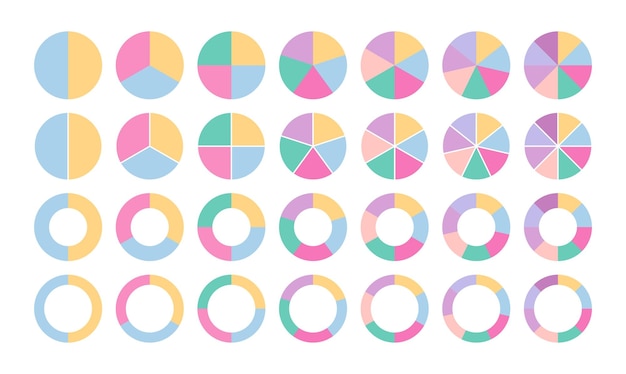 Colored circle graph with segments template Pie diagram collection Set of circular structure chart