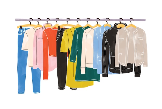 Colored clothes or apparel hanging on hangers on garment rack or rail isolated on white background. Clothing organization or storage. Inner space of closet or wardrobe. Hand drawn illustration