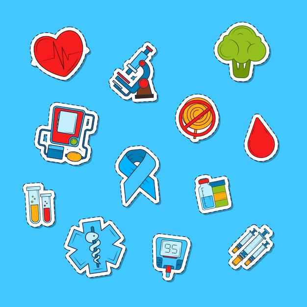 colored diabetes icons stickers set 