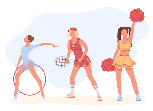 Colored female cartoon characters engaged in different kinds of sports Aerobics figure gymnastics tennis cheerleading Girl with hoop woman with badminton racket teenager with cheering duster