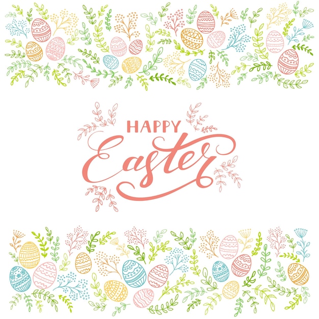 Colored floral elements with decorative Easter eggs and lettering Happy Easter on white background illustration