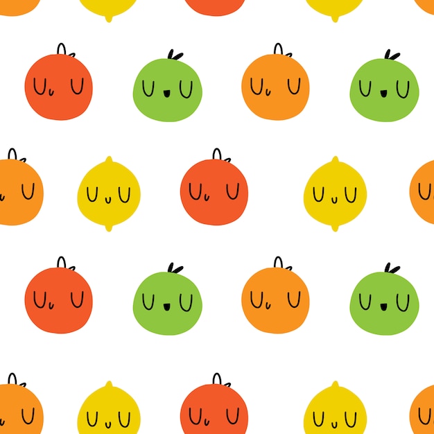 Colored fruit. Vector seamless Emoji pattern. Apple, orange, grapefruit, lemon