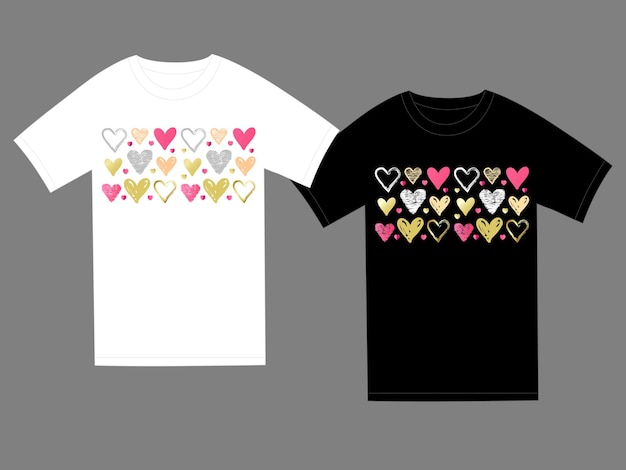 Colored hearts for t-shirt template, vector illustration. Doodle sketch pattern printed on clothes