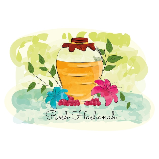 Colored honey jar with leaves and flowers Rosh Hashanah Vector