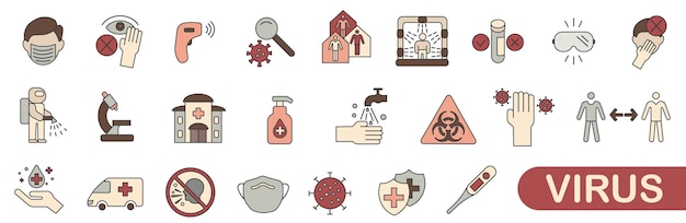 Colored icons with outlines related to the virus and its treatment Virus and its treatment