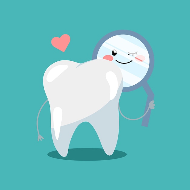 Colored illustration about health and tooth care Cartoon tooth character looking in dental mirror