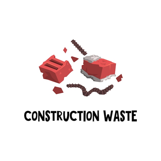 Colored illustration of construction garbage red broken brick with frozen cement and bent steel rebar. Waste sorting and trash recycling theme. Cartoon flat vector design isolated on white background