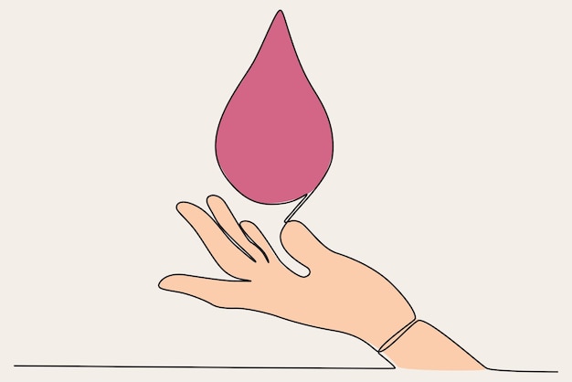 Colored illustration of a hand guarding a drop of blood World blood donor day oneline drawing