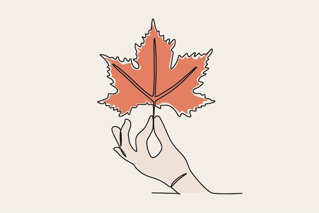 Colored illustration of a hand holding autumn leaves Autumn oneline drawing