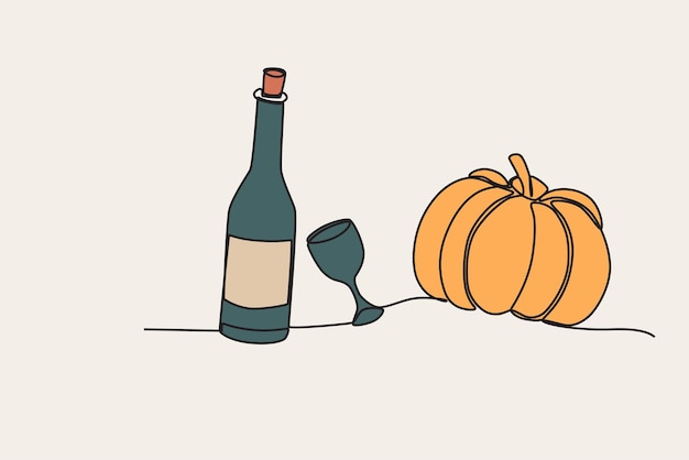 Colored illustration of an orange pumpkin and a drink Thanksgiving oneline drawing