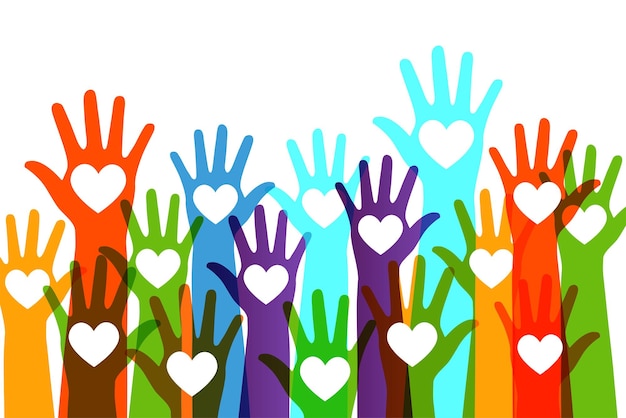 Colored pens with white hearts on the palms. Support group, helping hand. Vector illustration