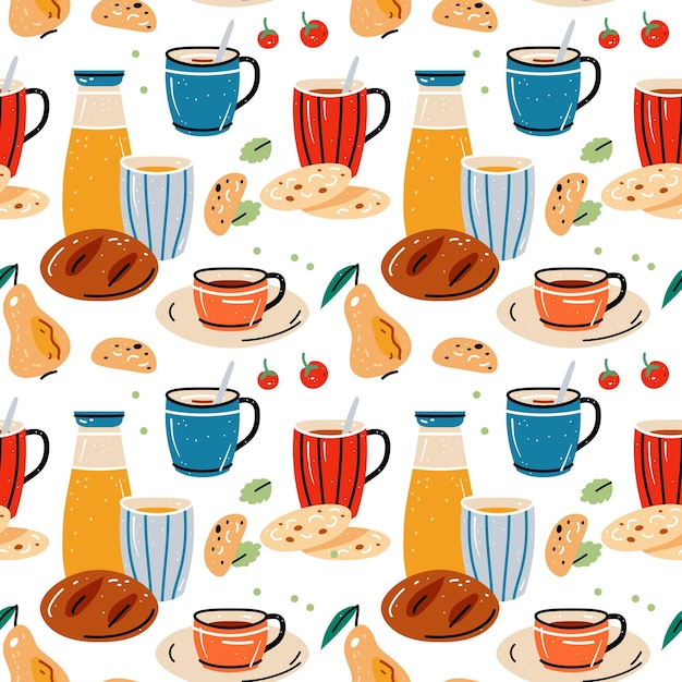 Colored seamless pattern of food and drink Vector illustration