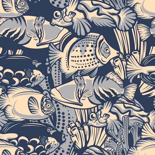 Colored seamless pattern with coral reef, fish on a nautical theme for dark background. Ideal for textile printing, wallpaper, and packaging