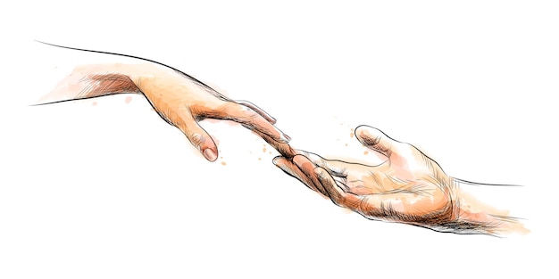 Colored sketch touching hands from a splash of watercolor