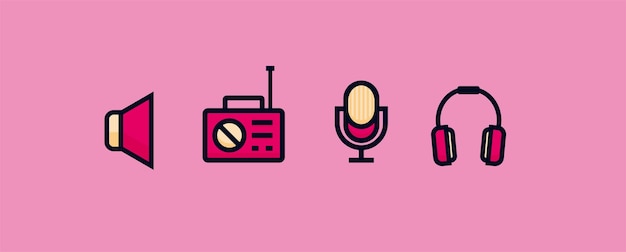 colored sound icon collection. radio, podcast microphone, headset