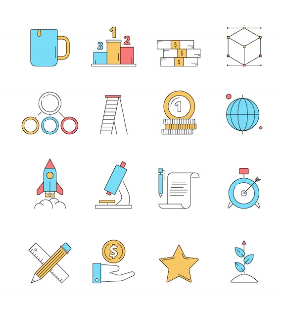 Colored startup icons. Business plan perfect innovation idea dreams entrepreneurship investors  linear icon isolated