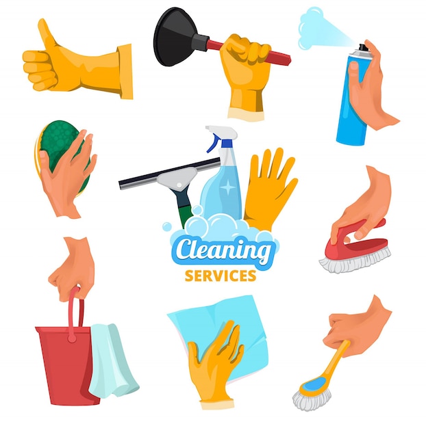 Colored symbols for cleaning service. Hands holding different tools