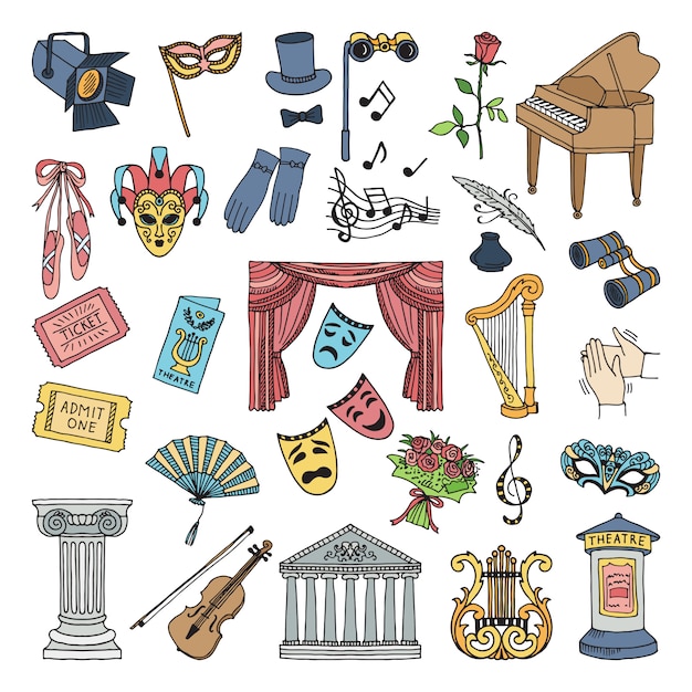 Colored symbols of theatre. Ballet and opera vector icons set isolate