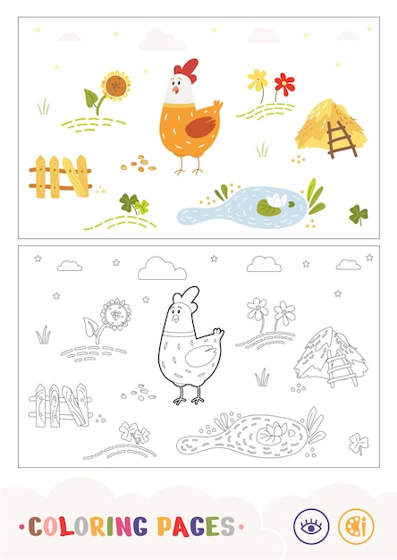 Colored template and colorless contour image of a cartoony chick walking on farm birdyard