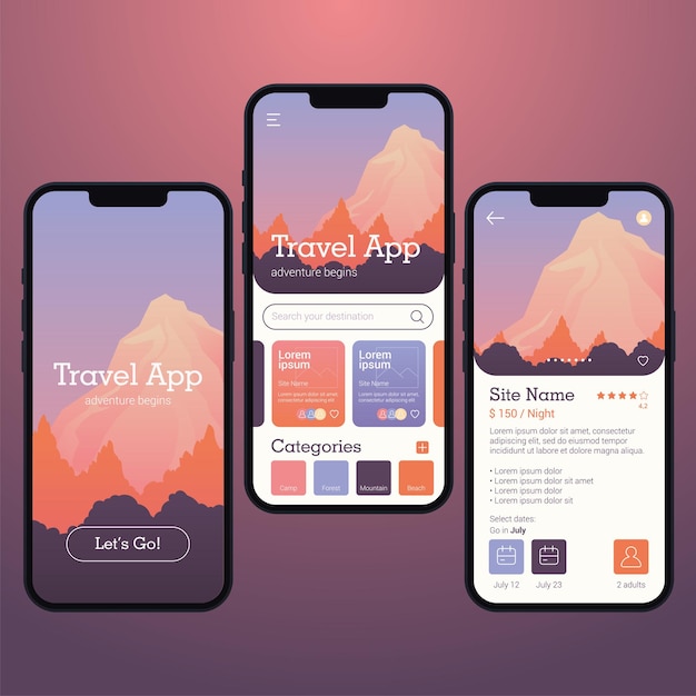 Colored travel mobile app ui mockup template Vector