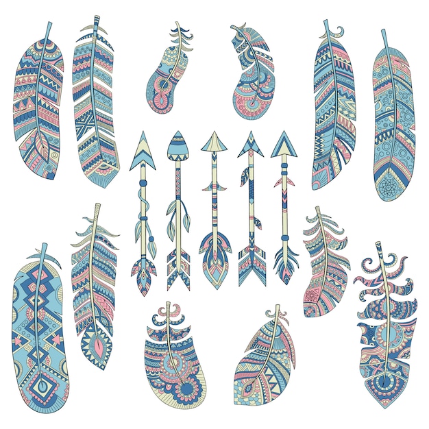 Colored tribal feathers collection. Arrow with traditional american indian cultural decorated elements vector pictures