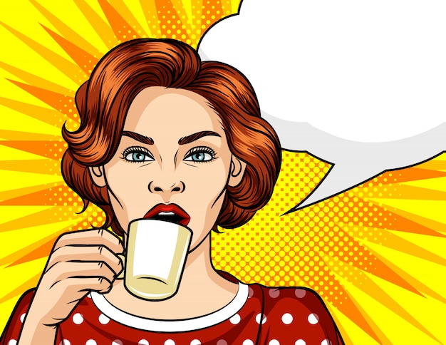 Colored vector pop art style illustration. Beautiful woman drinking coffee 