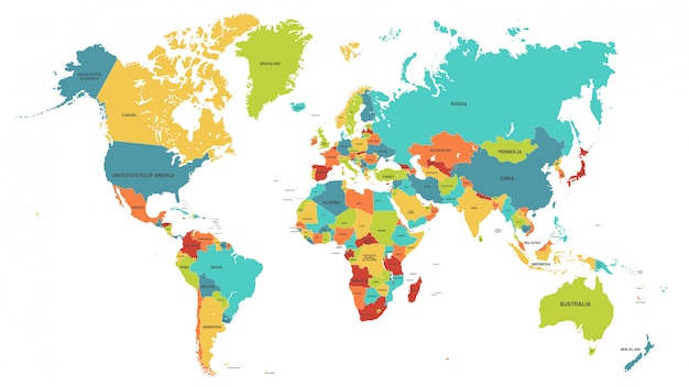 Colored world map. Political maps, colourful world countries and country names  illustration