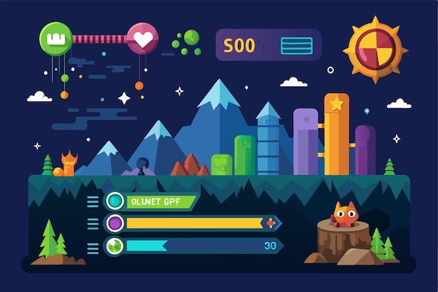 Vector colorful 2d video game interface with mountain landscape progress bars and icons featuring stars and trees against a starry night sky