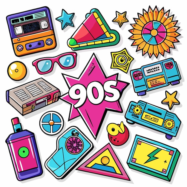 Colorful 90s cartoon design elements with retro gadgets and icons