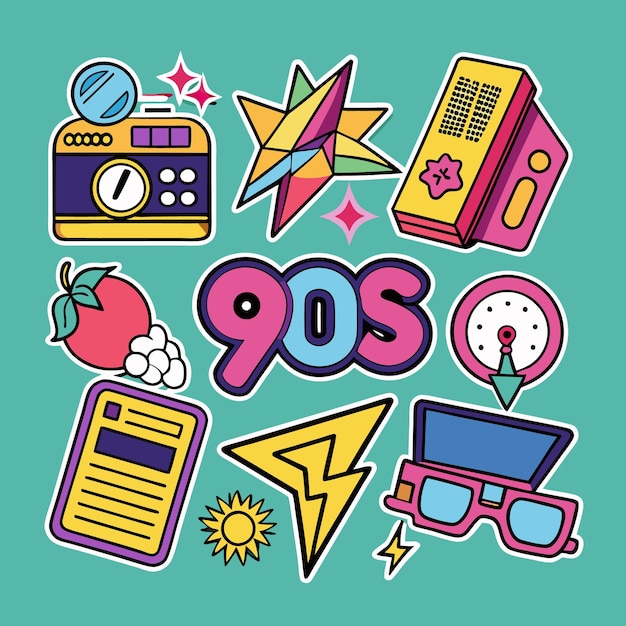 Colorful 90s cartoon icons with camera radio 3D glasses and more