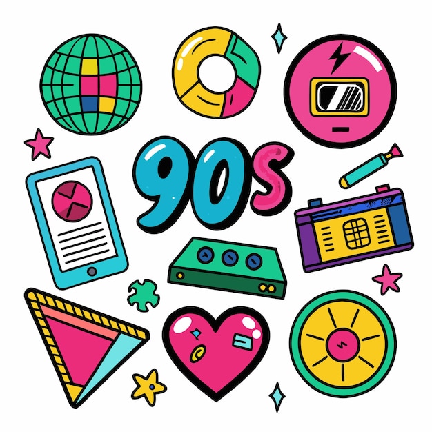 Colorful 90s cartoon icons