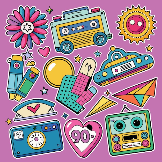 Colorful 90s cartoon sticker set with retro objects