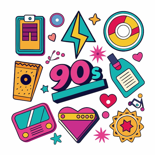 Colorful 90s icons on white background