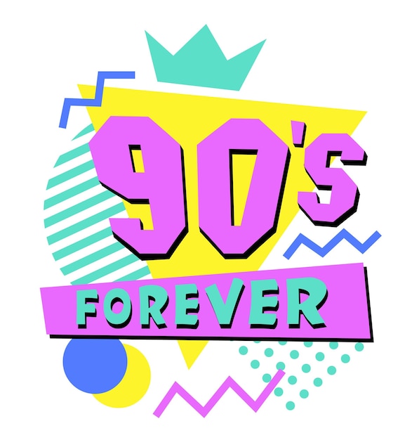 Vector colorful 90s logo vector flat illustration in pop art style the 90s forever ninety years emblem numeral retro symbol aesthetic background of fashion and graphics of the eighties