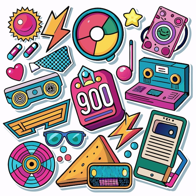 Colorful 90s Retro Stickers with Record Player Phone and Radio