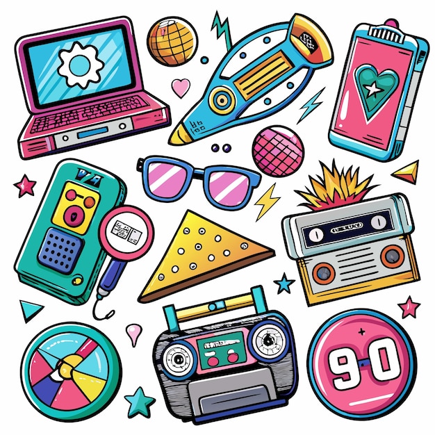 Vector colorful 90s retro style cartoon icon set