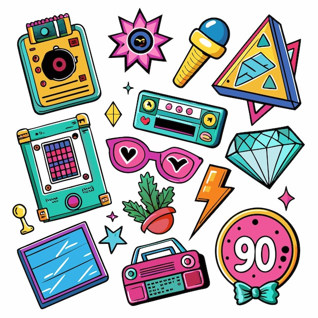 Colorful 90s Retro Style Design Elements Set