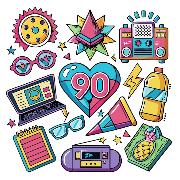 Colorful 90s Retro Style Illustrations with Heart Laptop Radio Glasses and More