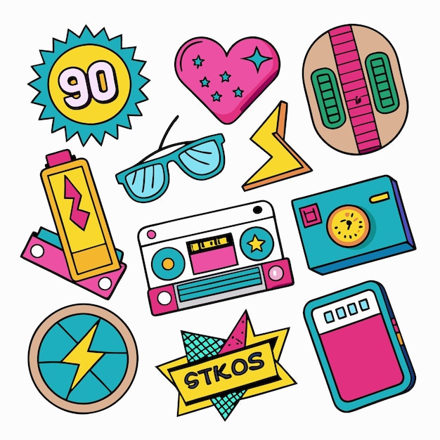 Colorful 90s Retro Style Patches with Camera Cassette Sunglasses and Heart