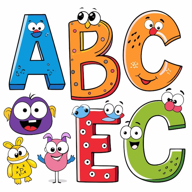 Colorful ABC letters with funny faces and other cartoon characters around them