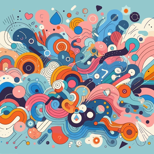 a colorful abstract background with different colored circles and a white arrow